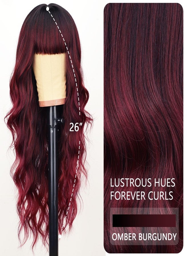 AISI HAIR Omber Burgundy Wig with Bangs Long Wavy Synthetic Wig for Women with Daily Party Use - Image 2